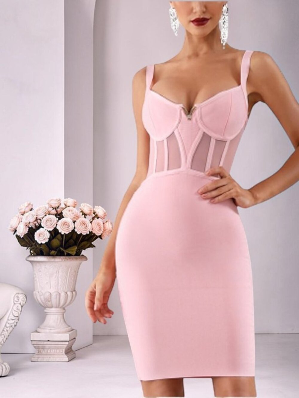 Blush Pink Corset Bust Mesh Bandage Bodycon Dress | Soft Sculpt Collection